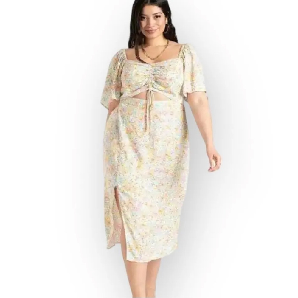 Eloquii Size 22 Floral Dress With Cinched Front,Small Slit,A-Line Short Sleeve